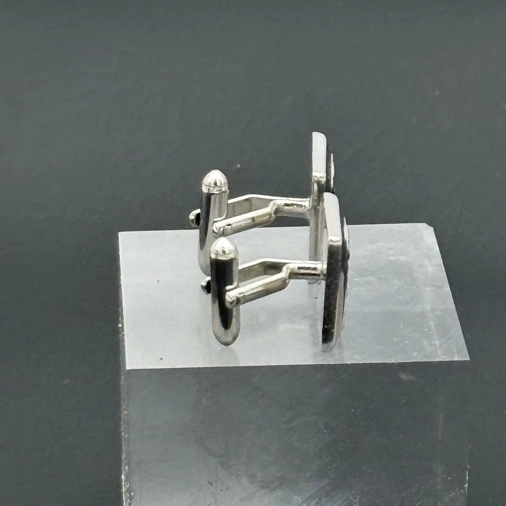 Silver Tone Square Textured Black Pebbled Inlay Bullet Back Cufflinks Mens